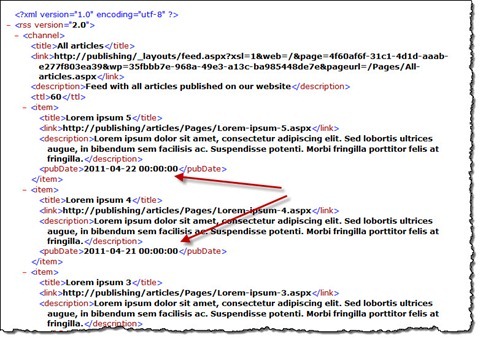 RSS with the standard pubDate replaced with the article date