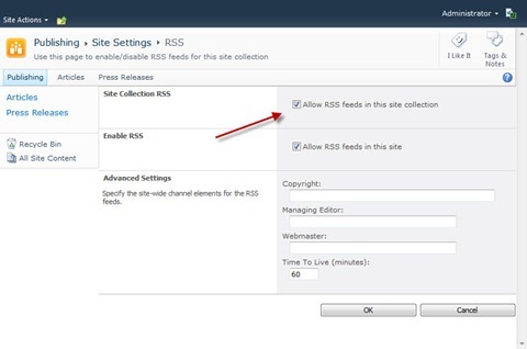The ‘Allow RSS feeds in this site collection’ setting enabled on the RSS settings page