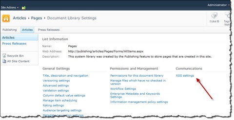 The ‘RSS settings’ option visible in the Communications section of the List settings page