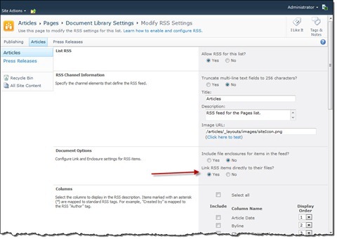 The ‘Link RSS items directly to their files’ setting enabled on the List RSS settings page