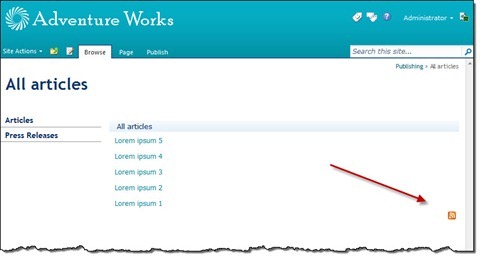 RSS feed link rendered by the Content Query Web Part after enabling RSS