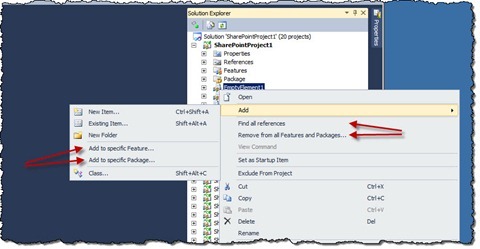 Context menu items added by the Mavention SPI References extension highlighted