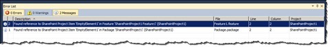 Discovered SPI references displayed in the Error List window