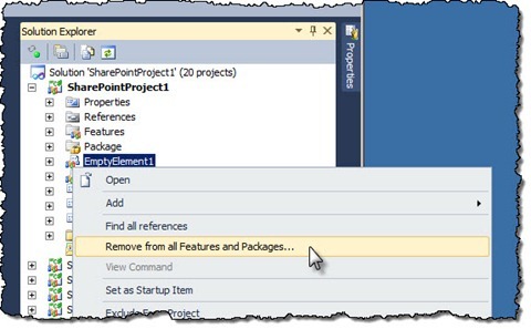 The ‘Remove from all Features and Packages’ option highlighted in the context menu