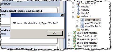 Name and type of the selected SharePoint Project Item displayed in a dialog window