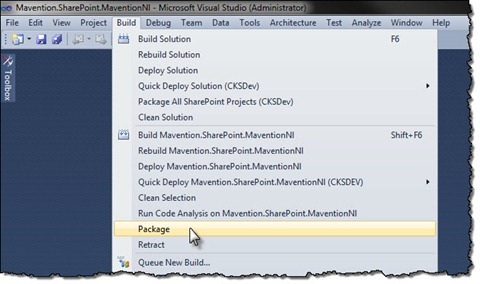 Package option highlighted in the Build menu