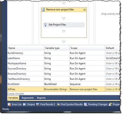 The ‘AllFiles’ variable defined in the ‘Remove non-project files’ sequence