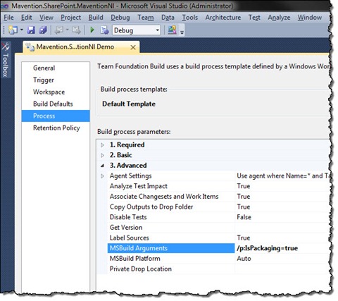 Packaging argument set in a Build Definition in TFS Build 2010