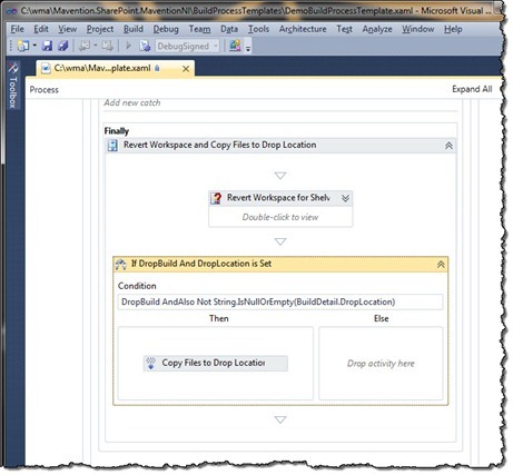 The ‘If DropBuild and DropLocation is Set’ item highlighted in the build template
