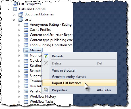 Import List Instance menu item added to the List context menu