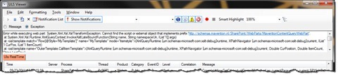 An XSLT exception highlighted in the ULS Viewer