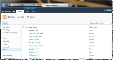 A newly created list including its data in a Team Site