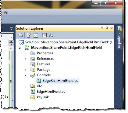 Field Control highlighted in the SharePoint Project structure