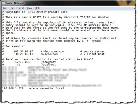 Hosts file with the secure.mavention.local host name entry modified to point to the 192.168.1.222 IP address