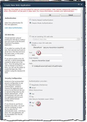 Parameters for creating new secure Web Application