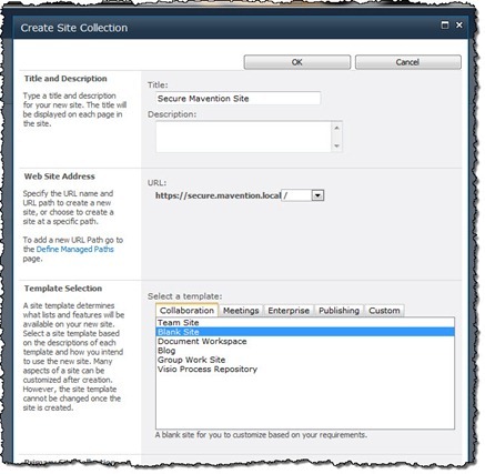 Configuration of the new Site Collection used for SSL configuration verification
