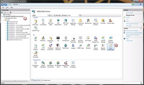 Opening the Server Certificates configuration in IIS7