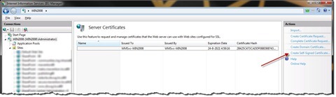 Red arrow pointing to the ‘Create Self-Signed Certificate’ option in IIS7
