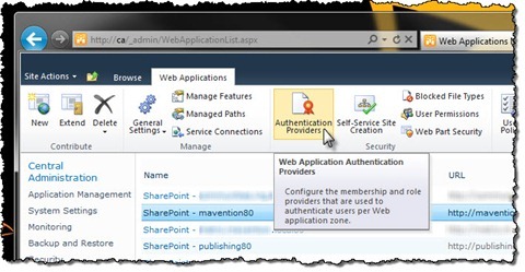 The Authentication Providers button highlighted in the Ribbon