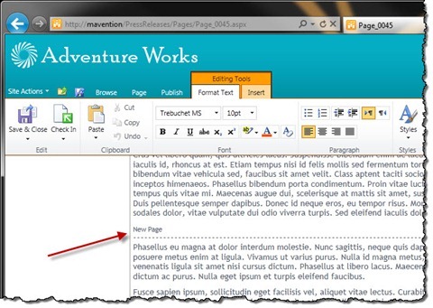 Page break marker styled as a dashed line with the ‘New Page’ text displayed above it