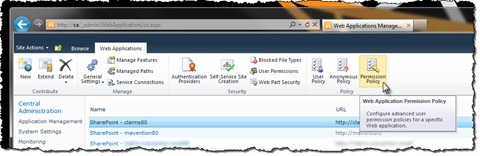 The ‘Permission Policy’ button highlighted in the Ribbon