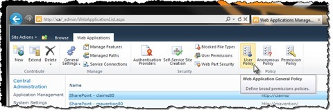 The ‘User Policy’ button highlighted in the Ribbon