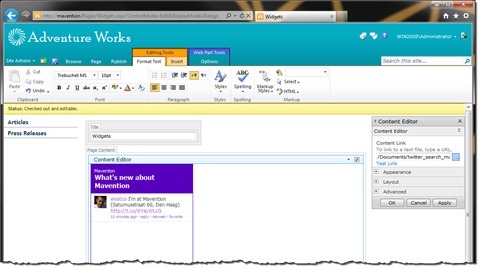 twitter search widget embedded by linking a Content Editor Web Part to an external file