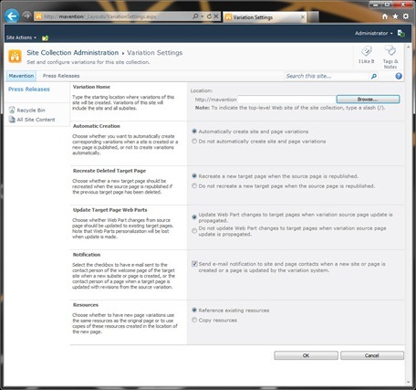 The Variation Settings page in SharePoint 2010
