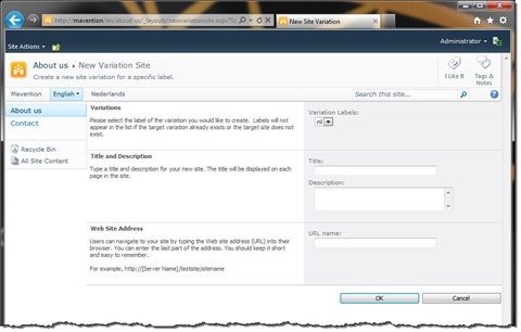 The ‘New Variation Site’ page