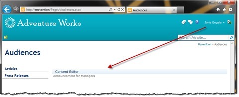 The ‘Management Announcement’ Web Part displayed on the page