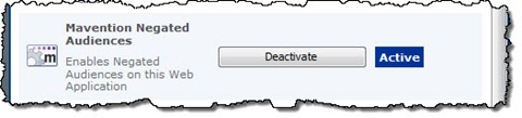 The ‘Mavention Negated Audiences’ Web Application Feature displayed in the list of Web Application Features