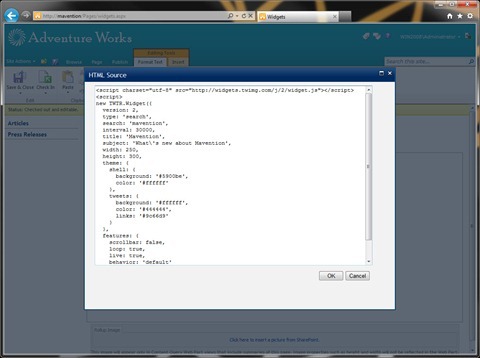 twitter widget’s code pasted into the HTML source of a Publishing HTML field