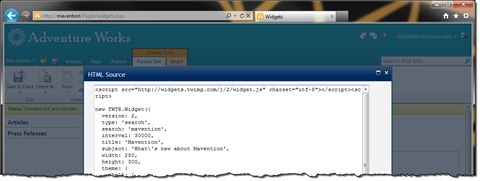 twitter widget’s code in the HTML source of a Publishing HTML field