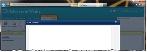Empty HTML source window of a Publishing HTML field