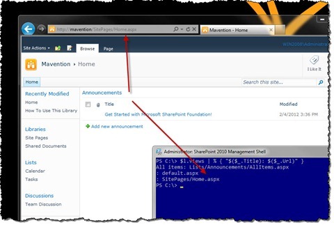 Arrows pointing from a List View Web Part on a SharePoint 2010 Wiki Page to the address bar in the browser and a list of views in a PowerShell window