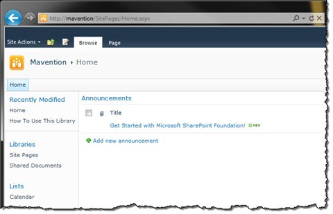 The Announcements List View Web Part added to a Team Site
