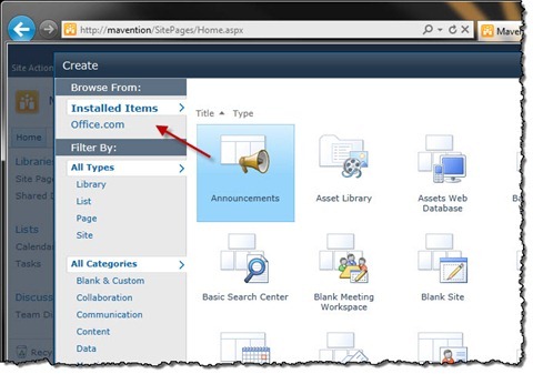 Red arrow pointing to the Office.com link in the Create dialog window