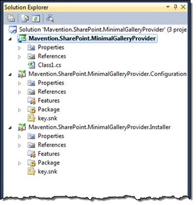 Project structure of a minimal Gallery Provider displayed in Solution Explorer