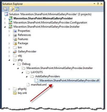 Red arrow pointing to the Gallery Provider assembly in the pkg folder