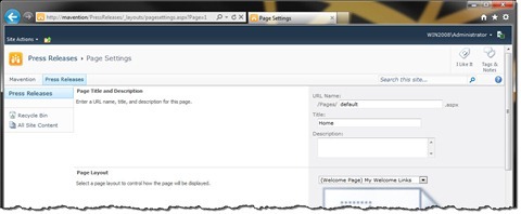 Page Settings page displayed for the Publishing Page with ID 1