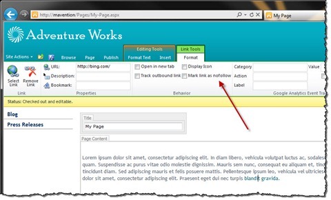 The ‘Mark link as nofollow’ checkbox added to the link options