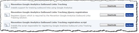 Mavention Google Analytics Outbound Links Tracking Features listed on the Site Collection Features page