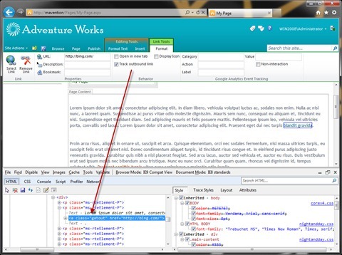 Red arrow pointing from the ‘Track outbound link’ checkbox to the gatout CSS class in the HTML source view