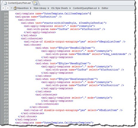 ContentQueryMain.xsl after adding the code snippet