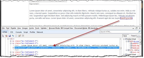 HTML markup after adding the onclick attribute before saving the page: the onclick attribute is still in the link