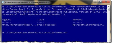 Output of the Get Web Part Information command narrowed to the Content Query Web Part only