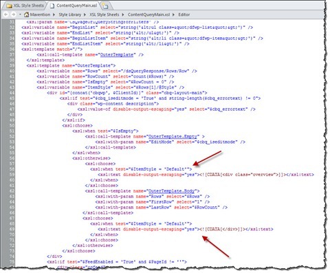 Additional markup logic added to the ContentQueryMain.xsl file