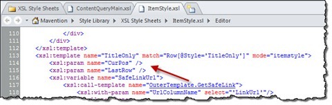 The CurPos and LastRow parameters added to the TitleOnly XSL template