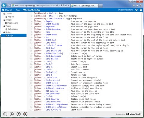 List of all available shortcut keys in Microsoft "Napa" Office 365 Development Tools