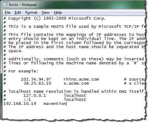 Custom host header registered with the hosts file mapped to the real IP address